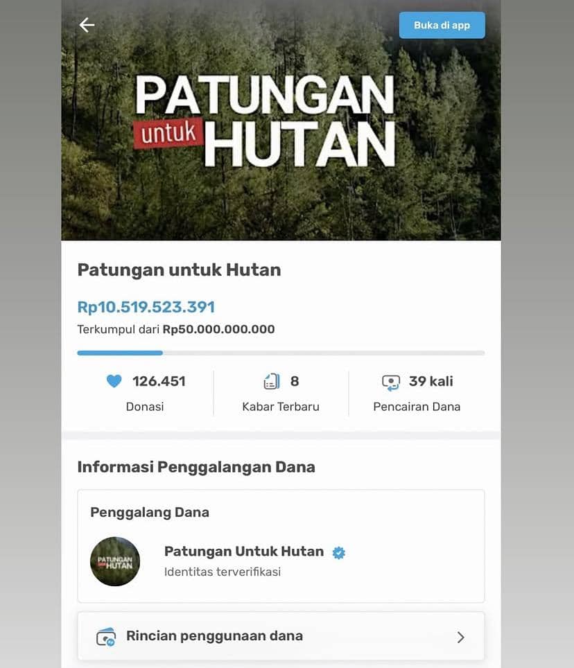 Visual bertajuk Patungan untuk Hutan dari unggahan akun Instagram @irwandiferry tentang dukungan bagi hutan.