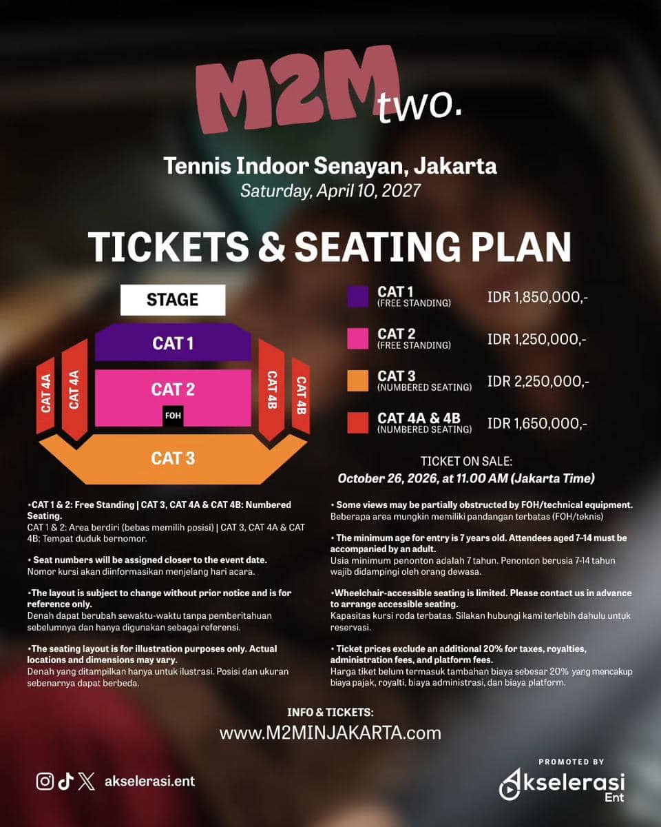 Dua personel M2M tampil di panggung dengan mikrofon dan pencahayaan konser saat pertunjukan di Jakarta pada 2027.