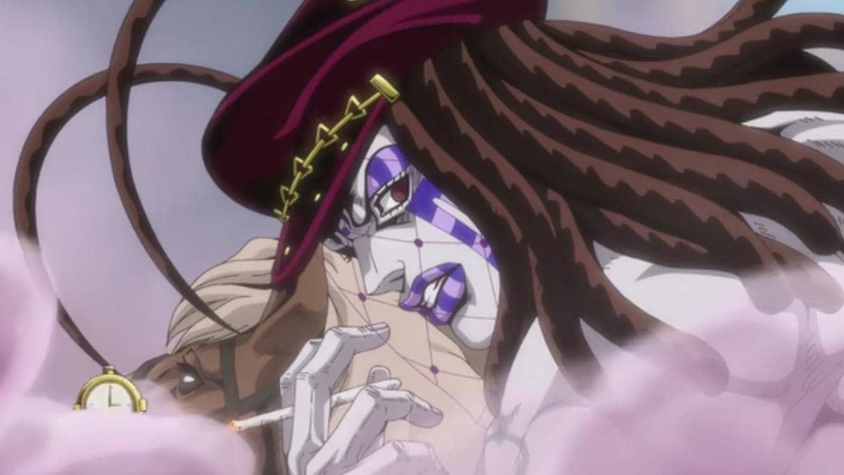 Oyecomova menciptakan asap yang membawa pin bom melayang menuju Gyro dalam adegan Steel Ball Run di Netflix.
