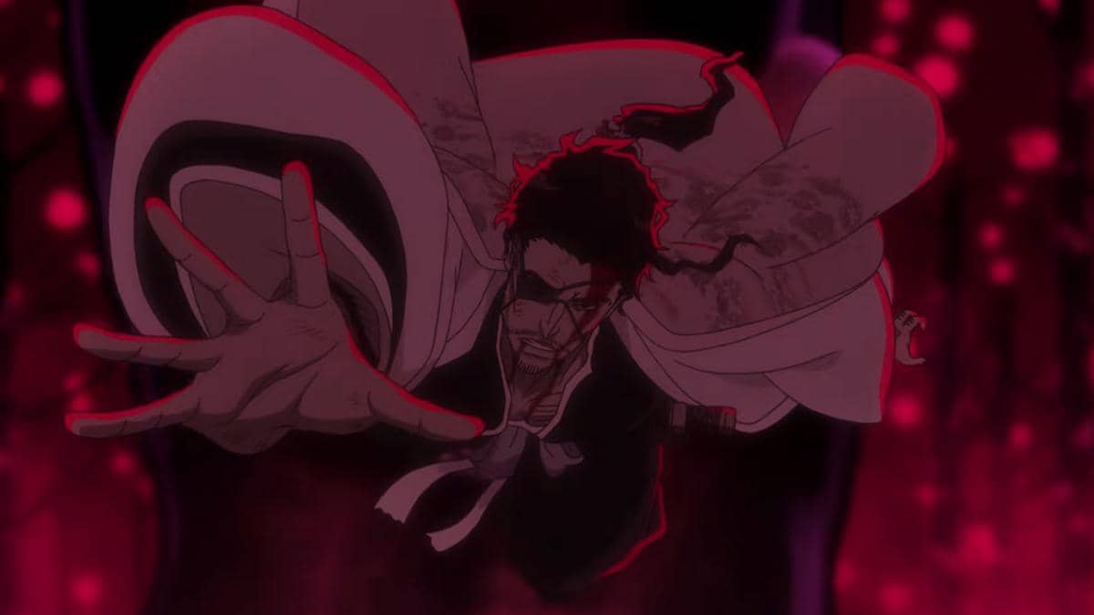 Kyoraku Shunsui bersiap terjun dalam pertarungan terakhir dengan ekspresi serius di cuplikan anime Bleach.