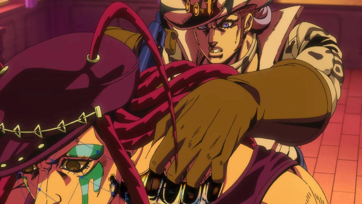 Kulit Oyecomova tampak terkelupas ketika disentuh Tim dalam adegan Steel Ball Run yang diproduksi Netflix.