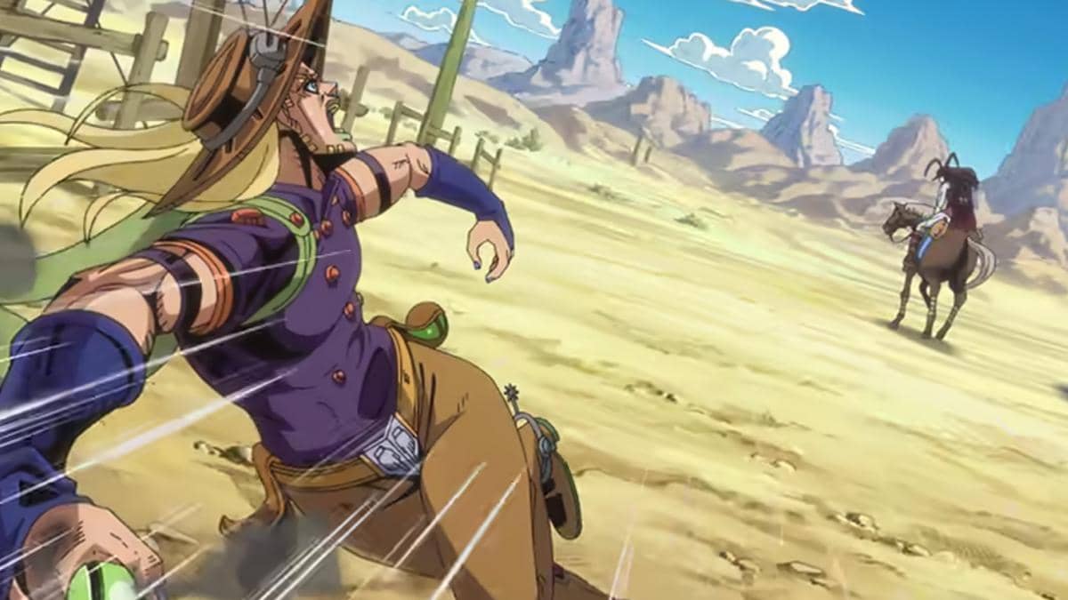 Gyro melempar bola baja ke arah Oyecomova dalam adegan Steel Ball Run produksi serial Netflix.