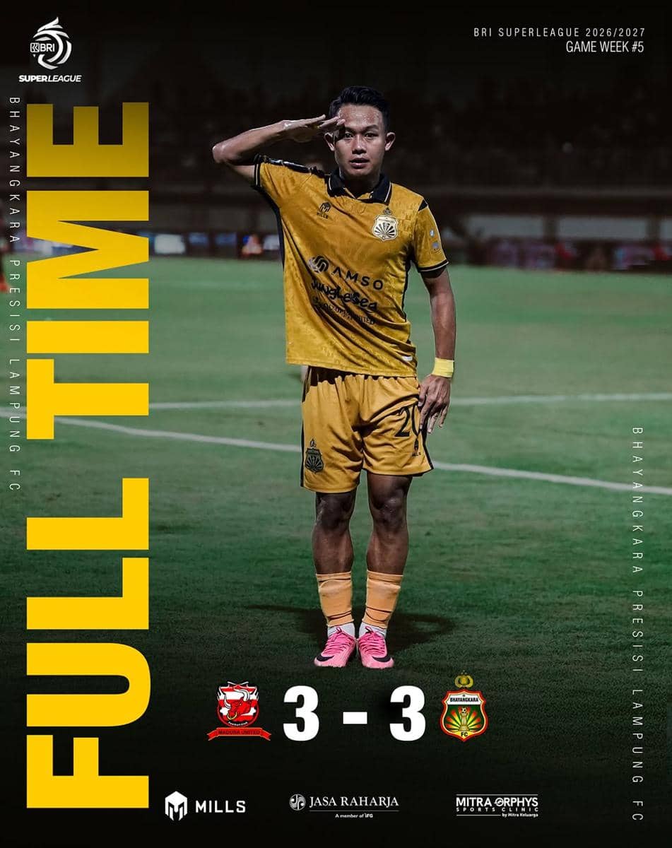 Skor akhir 3:3 pertandingan antara Madura United Vs Bhayangkara Presisi Lampung FC. (Instagram.con/bhayangkarafc