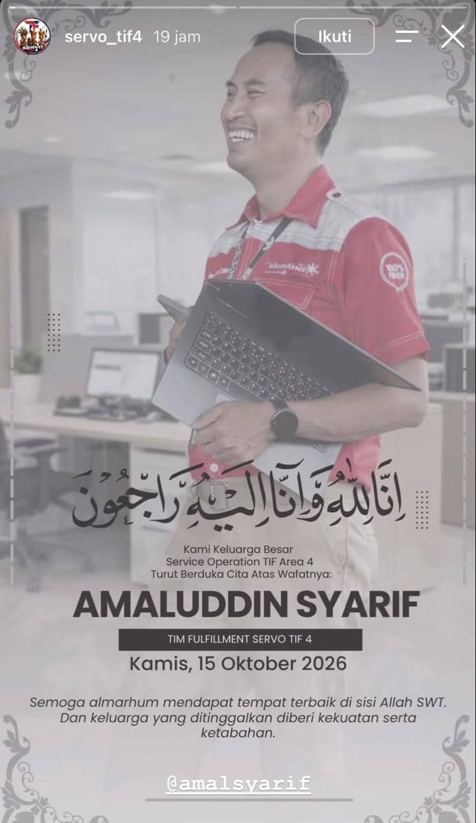 Unggahan akun Instagram servo_tif4 terkait kabar Amaluddin Syarif meninggal dunia, sebagaimana tercantum dalam keterangan.