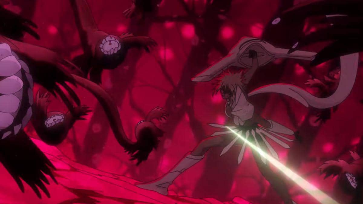 Harribel berhadapan dengan makhluk hitam ciptaan Yhwach dalam adegan anime Bleach yang sangat menegangkan.