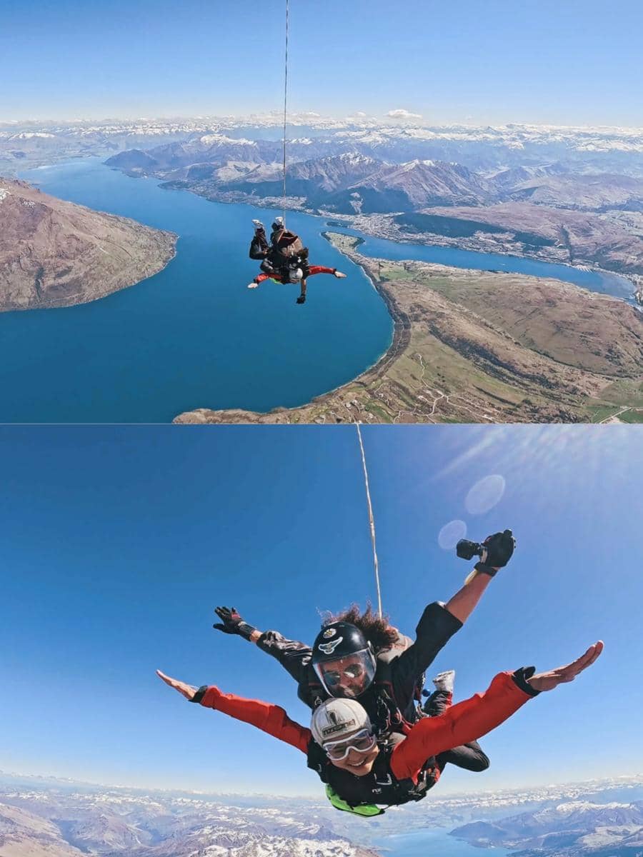 Karin Novilda liburan di New Zealand, skydiving di atas Danau Wakatipu