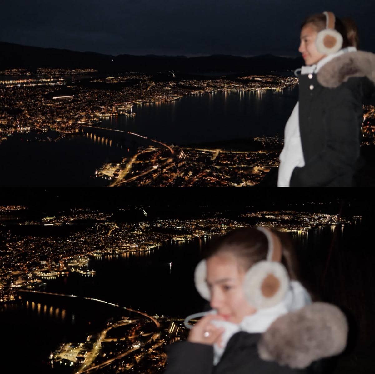 Felicya Angelista dan Hito melihat city light Tromsø dari fjellheisen
