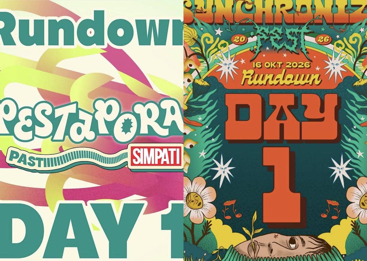 Kolase visual promosi festival musik Pestapora dan Synchronize Fest dengan identitas grafis masing-masing acara.