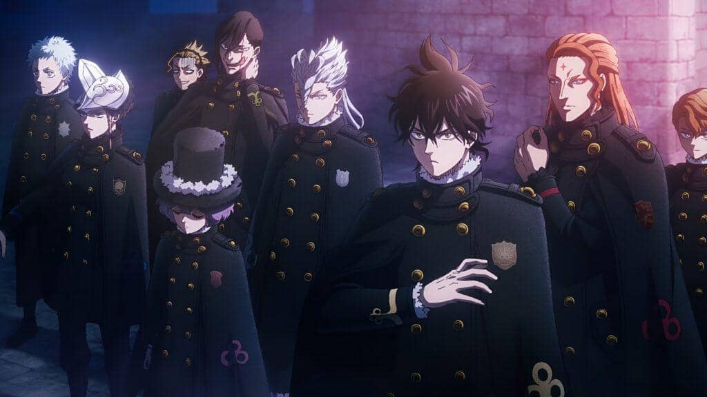 Ilustrasi promosi anime Black Clover produksi Studio Pierrot dengan sejumlah karakter dalam latar gelap.