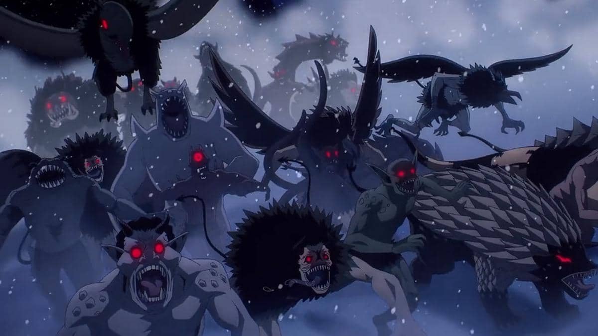 Para iblis menyerbu dalam adegan anime Black Clover Season 2 produksi Studio Pierrot dengan suasana mencekam.