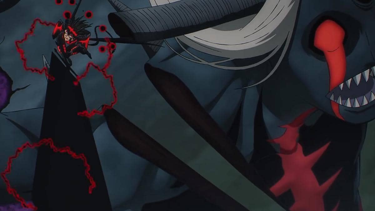 Asta mengayunkan pedang besar untuk menebas iblis raksasa dalam adegan anime Black Clover musim kedua.