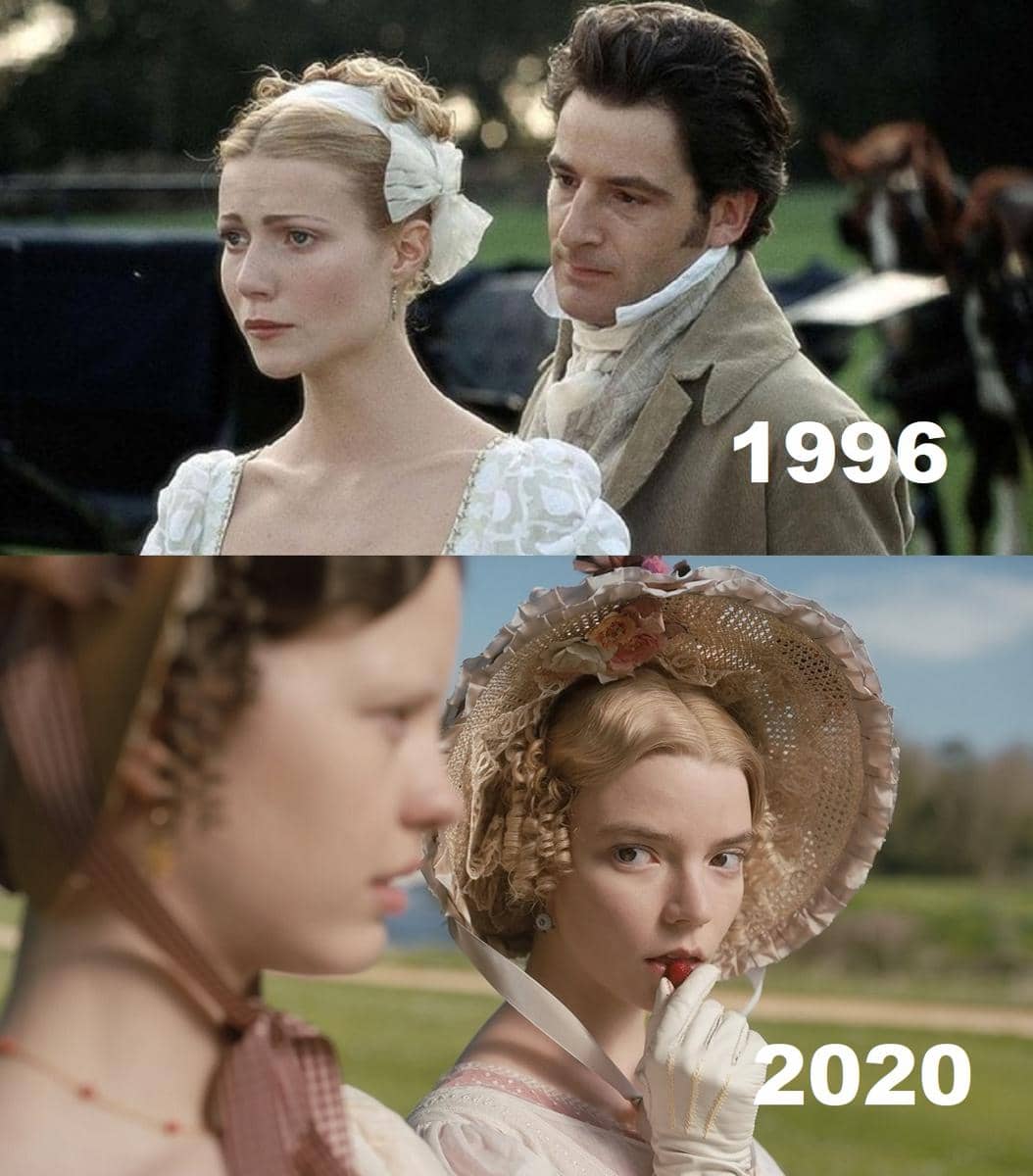 Kolase cuplikan film Emma versi 1996 dan 2020, menampilkan para pemeran dalam adegan drama berlatar periode klasik.