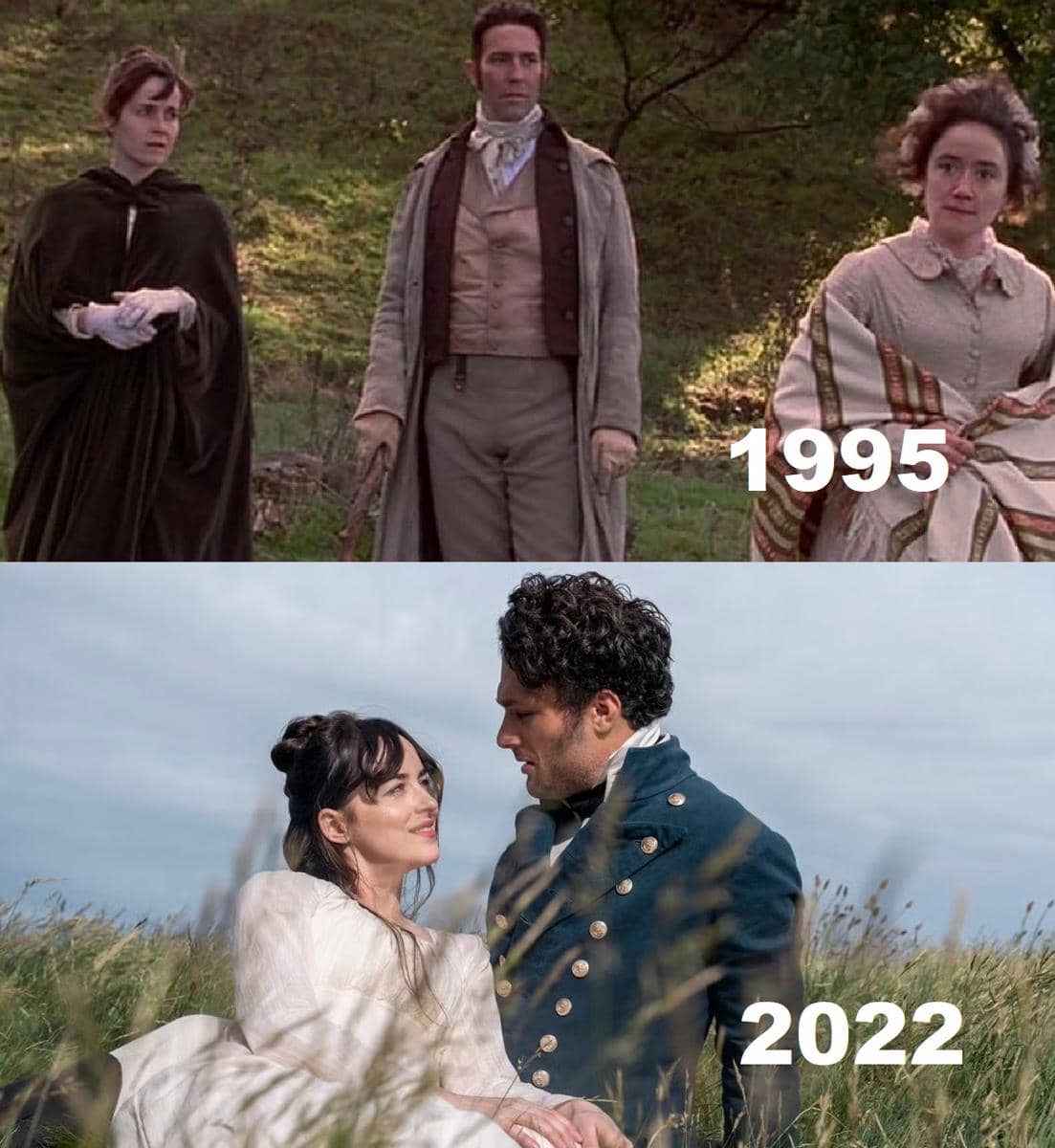Kolase dua cuplikan film Persuasion versi 1995 dan 2022 dari Mubi dan Netflix sebagai perbandingan.