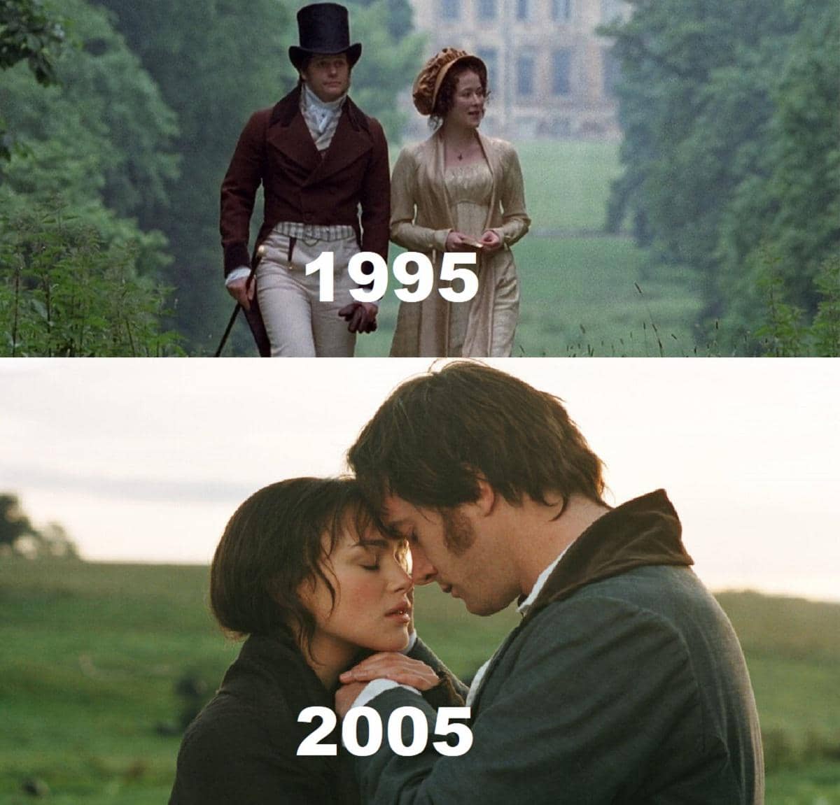 Kolase cuplikan Pride and Prejudice versi 1995 dan 2005 yang menampilkan Elizabeth Bennet bersama Mr. Darcy.