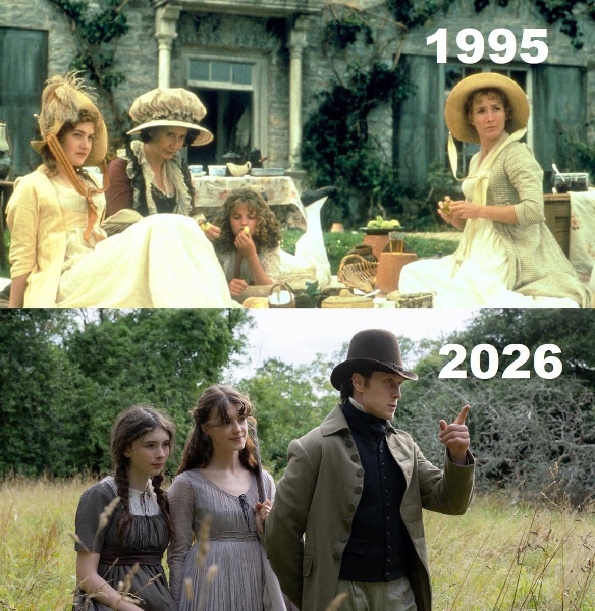 Perbandingan cuplikan film Sense and Sensibility versi 1995 dan 2026 yang ditampilkan berdampingan.