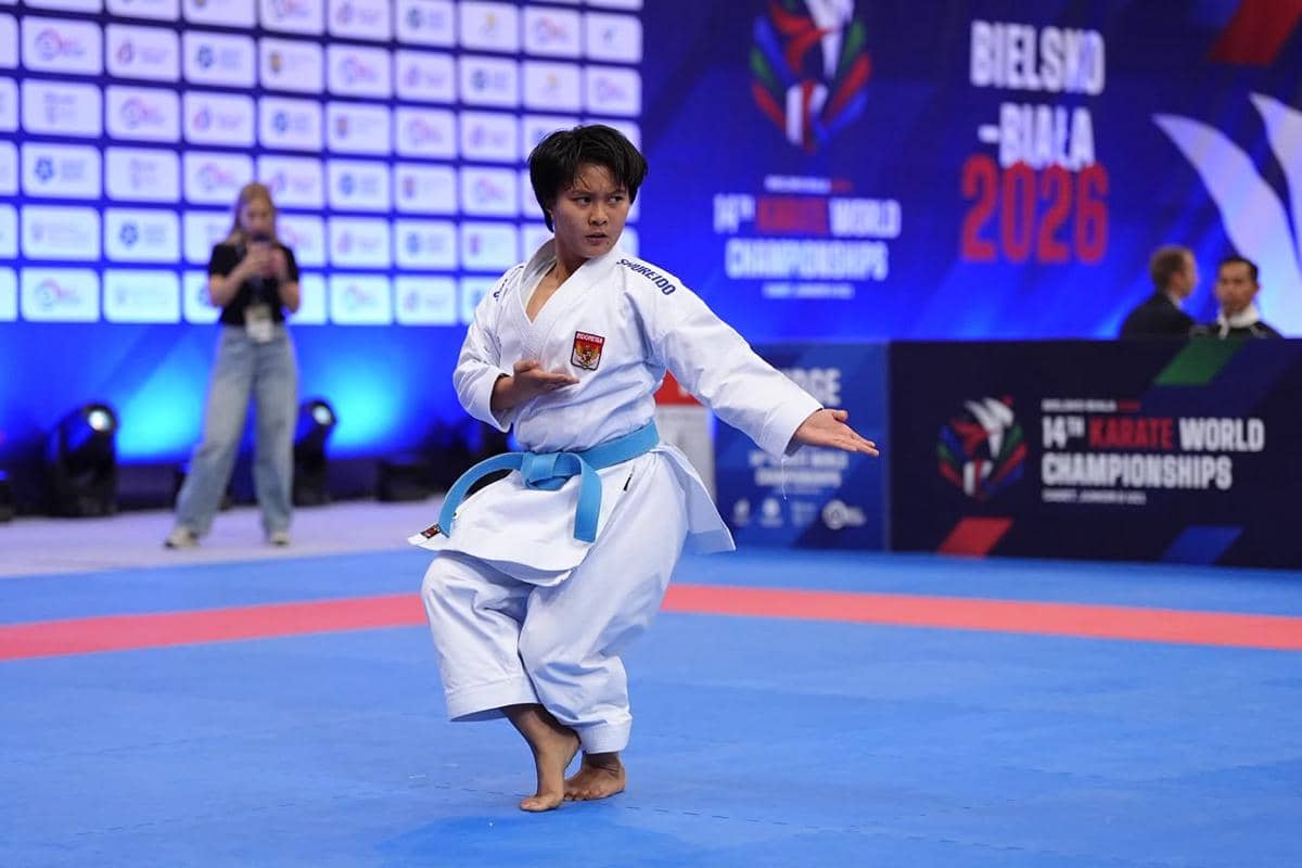 Potret atlet karate Zaskia Putri yang meraih medali perunggu pada Kejuaraan Dunia Karate Junior 2026 dalam dokumentasi FORKI.