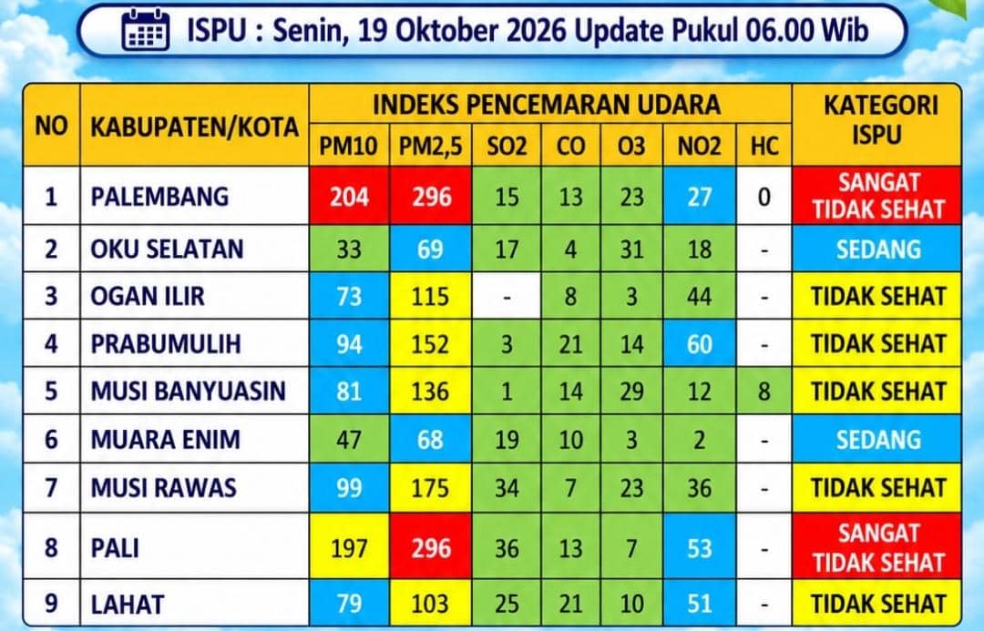 Tangkapan layar indeks kualitas udara AQI+ di Sumatera Selatan dalam dokumentasi resmi DLHP Sumsel daerah.