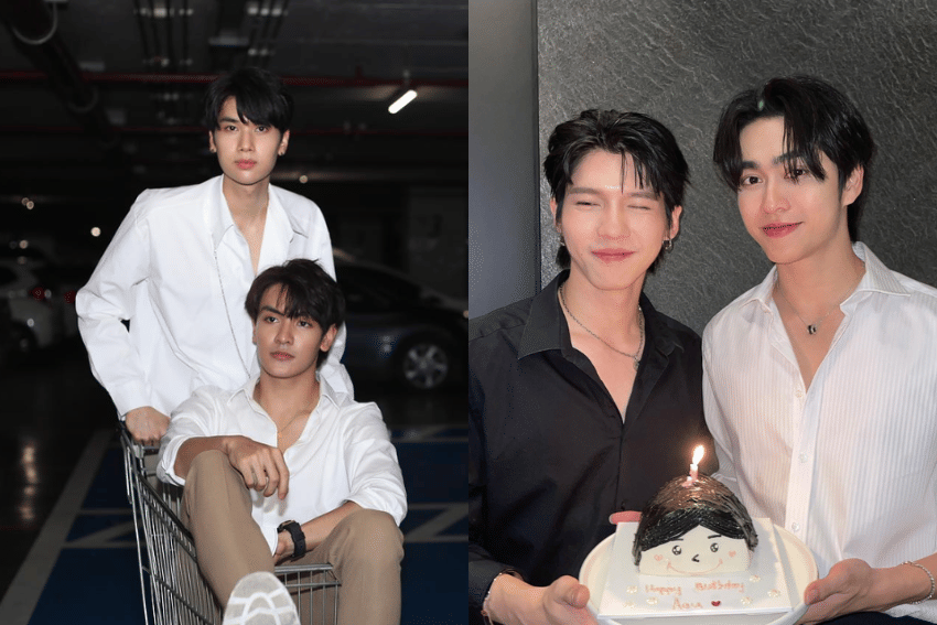 Kolase potret Joong-Dunk dan Aou-Boom, empat artis Thailand yang diambil dari unggahan akun Instagram mereka.