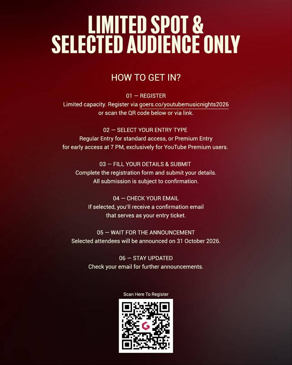 Poster Instagram berisi informasi cara mendapatkan tiket acara YouTube Music Nights dari akun krapela.live.