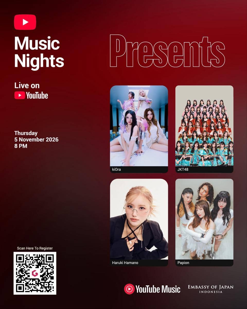 Poster Instagram bertuliskan cara dapat tiket YouTube Music Nights, dengan informasi acara dari akun krapela.live.