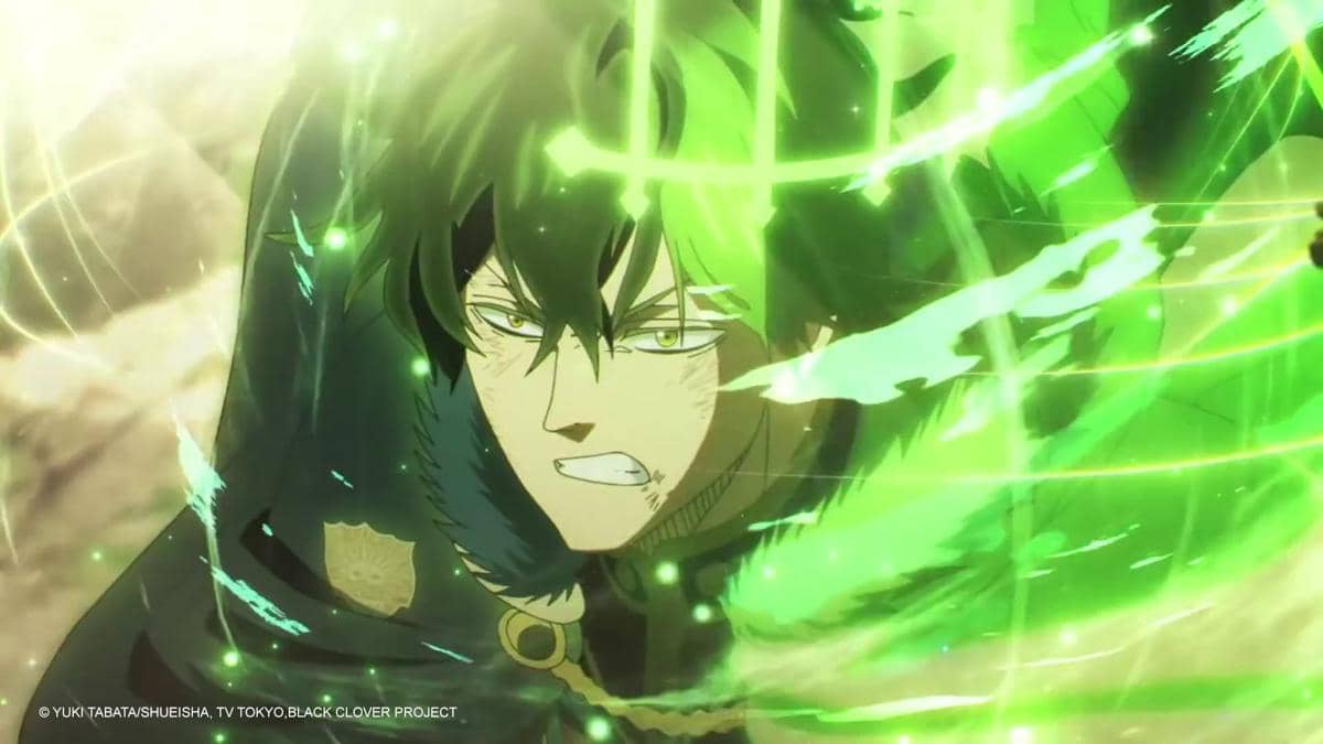 Cuplikan adegan anime Black Clover produksi Studio Pierrot dengan karakter dan latar bergaya animasi Jepang.