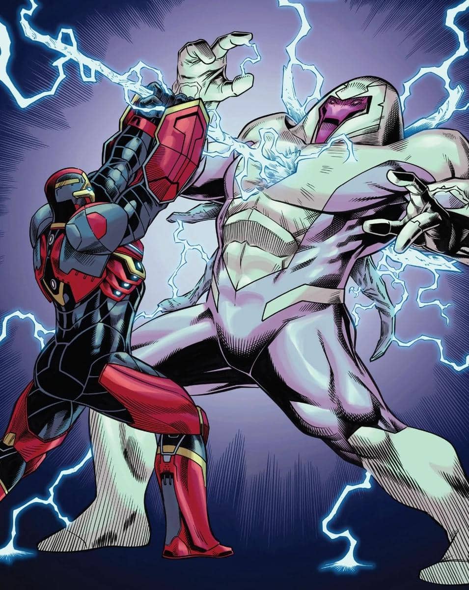 Ilustrasi Nimrod, robot Sentinel dari Marvel Comics, dengan tubuh putih-ungu dan mata merah menyala.