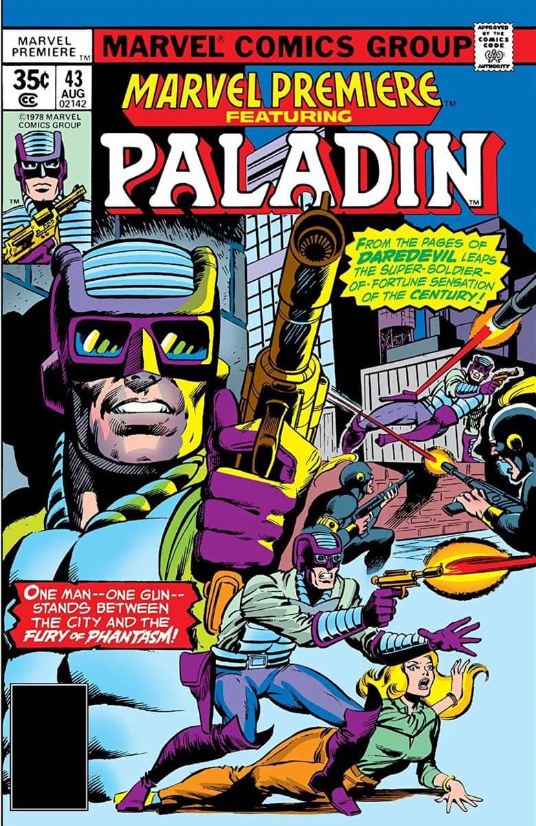Ilustrasi Paladin, karakter tentara bayaran berzirah perak dengan helm tertutup dari Marvel Comics.