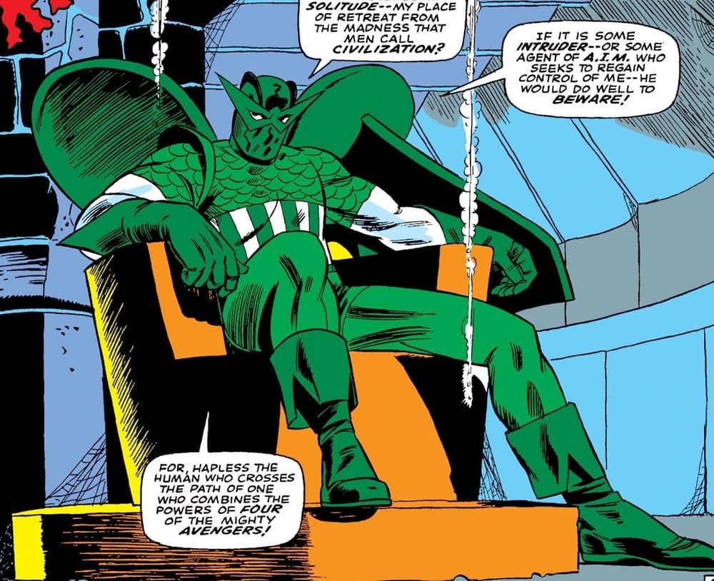 Ilustrasi karakter Super-Adaptoid dari Marvel Comics dengan gaya visual khas panel buku komik berwarna.
