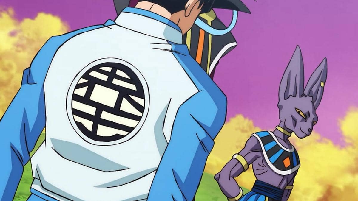 Goku dan Beerus dalam adegan pertemuan dari serial anime Dragon Ball Super yang didokumentasikan oleh Toei.