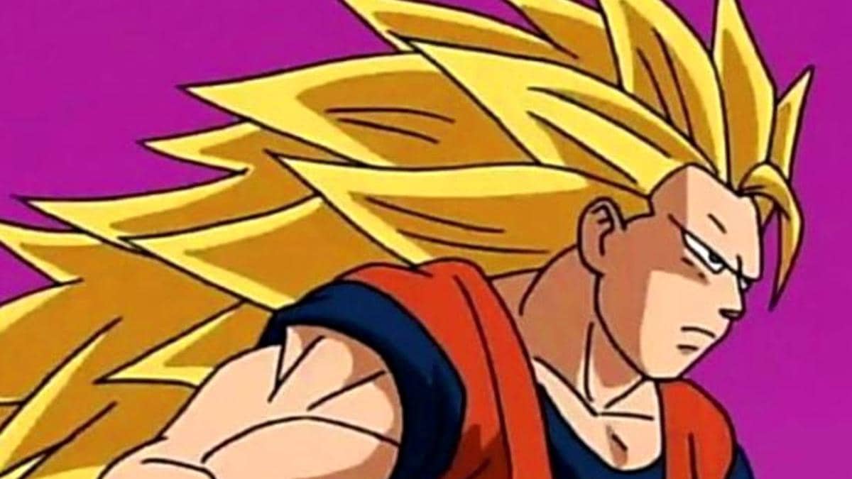 Karakter Super Saiyan 3 dari Dragon Ball dalam gaya animasi lama, dengan rambut emas panjang dan aura energi.