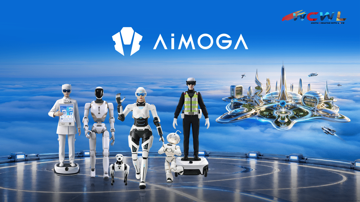 Deretan robot AiMOGA tersusun sejajar dalam dokumentasi resmi yang tersedia sebagai materi pendukung berita.