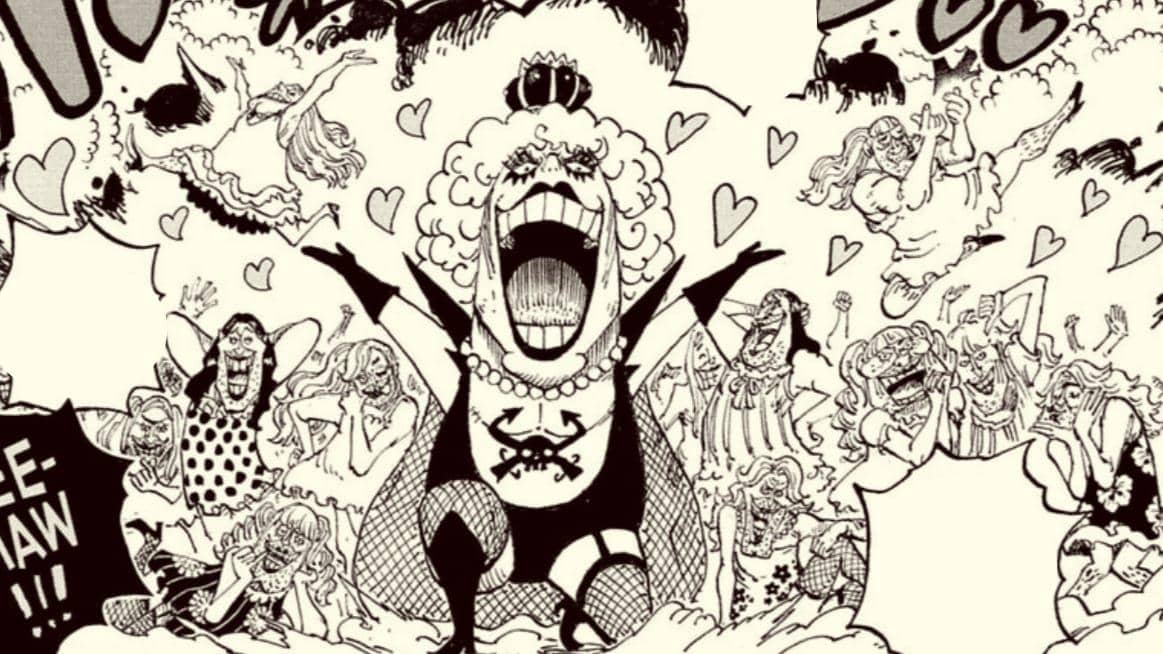 Emporio Ivankov berdiri di tengah penduduk Kamabakka Kingdom dalam ilustrasi manga One Piece karya Eiichiro Oda.