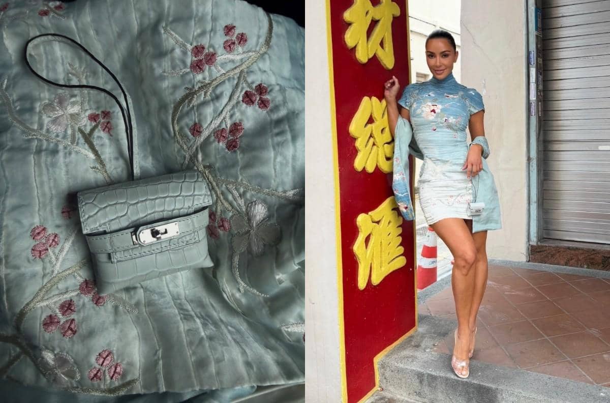 Kim Kardashian mengenakan tas Hermès Charm Kelly Festival sebagai aksesori dalam penampilan pribadinya.