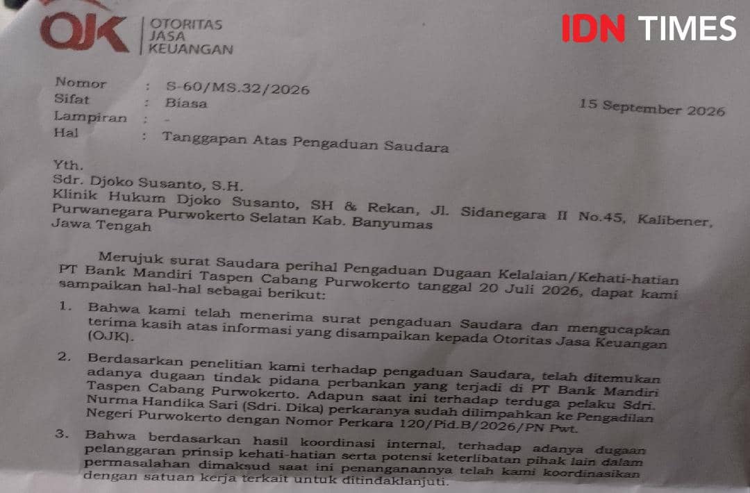 Cuplikan surat tanggapan OJK Pusat yang menyebut adanya tindak pidana perbankan, bertanggal 19 Oktober 2026.