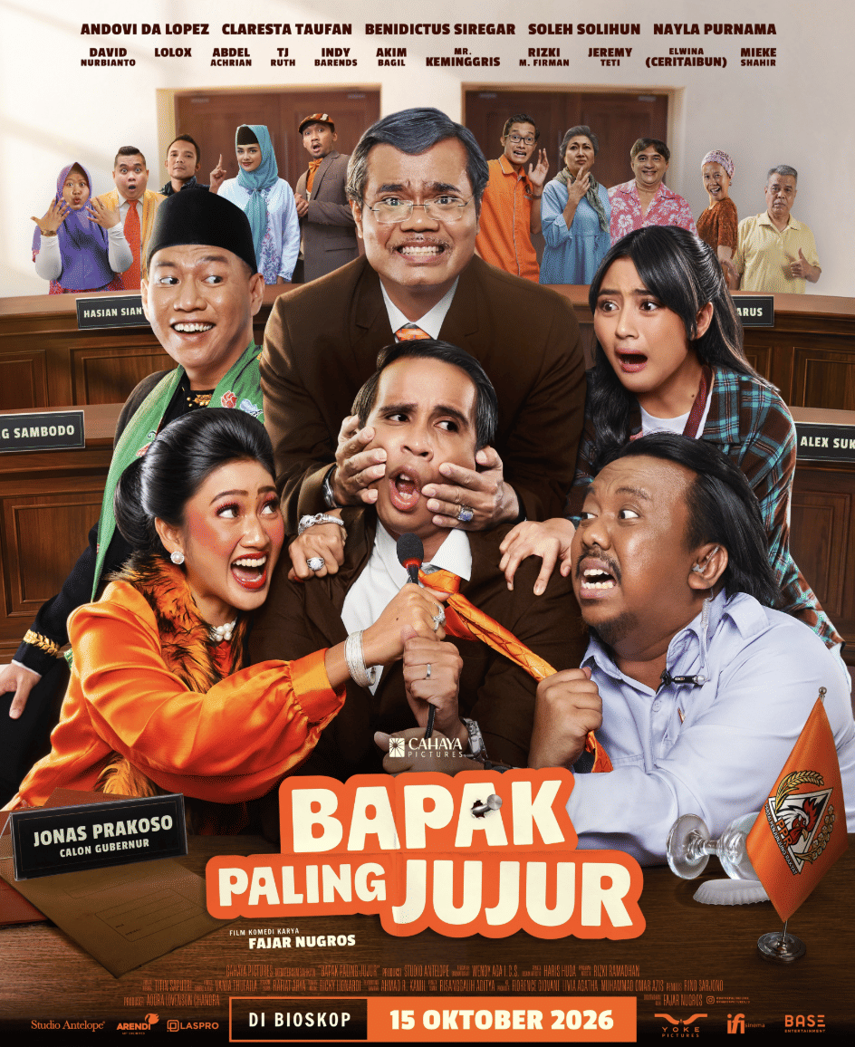 Poster promosi film Bapak Paling Jujur dari Cahaya Pictures dengan judul film sebagai fokus utama pada desain.
