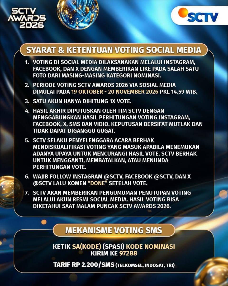 Poster panduan cara voting SCTV Awards 2026 dari akun Instagram SCTV dengan informasi langkah pemberian suara.