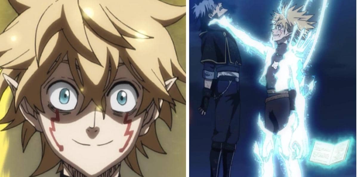 Luck, karakter dari anime Black Clover, saat dirasuki elf dalam adegan dengan ekspresi serius dan aura magis.
