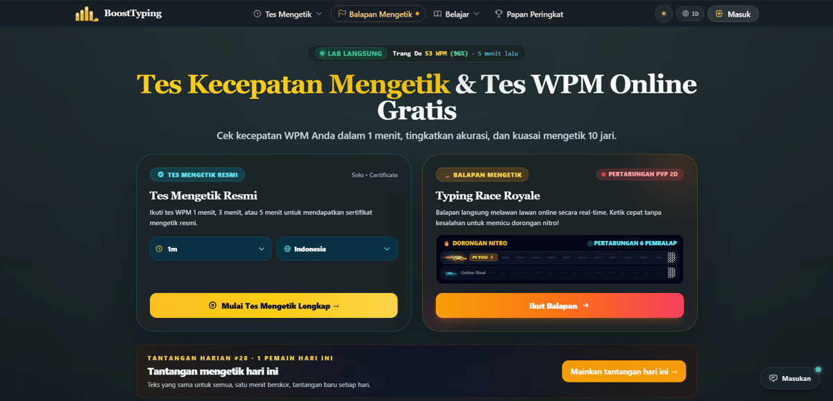 tampilan website BoostTyping