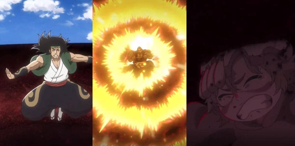 Ganju, Tetsuzaemon, dan Nelliel bekerja sama menyumbat kegelapan Yhwach dalam adegan anime Bleach TYBW Part 4.