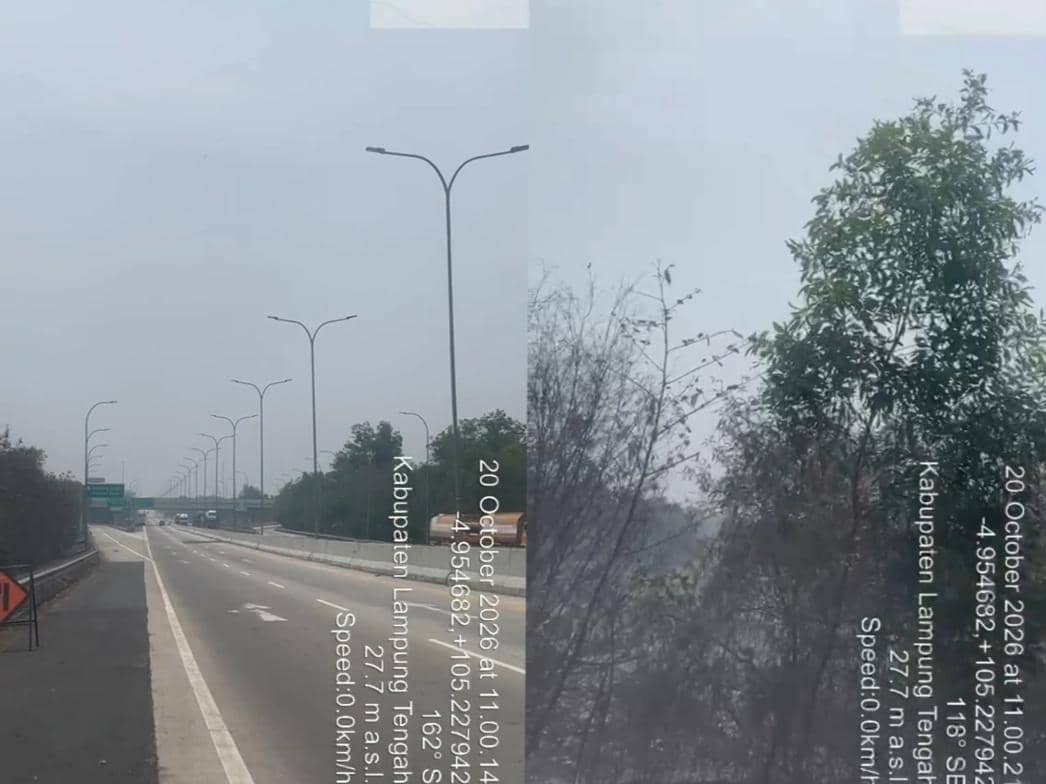 Kondisi asap kebakaran TPA Bandar Jaya, Kabupaten Lampung Tengah masih menyelimuti ruas Tol Bakauheni-Terbanggi Besar (Bakter). 