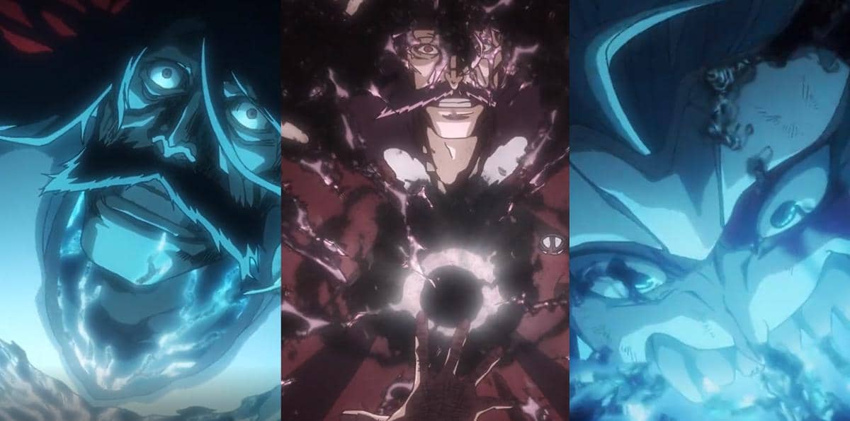 Tiga sosok Yhwach tergeletak setelah dilumpuhkan dalam adegan anime Bleach TYBW Part 4 dengan latar gelap.
