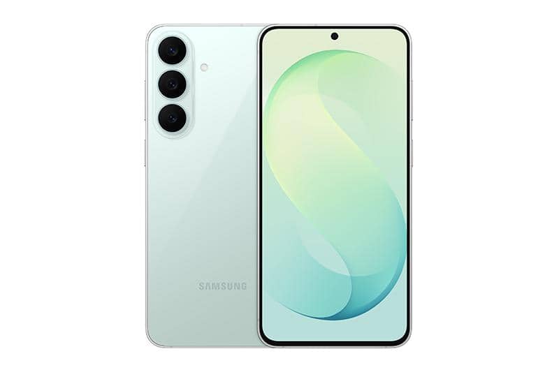 Samsung Galaxy S26 FE warna pistachio tampak dari depan dengan layar menyala dan desain bezel tipis modern.