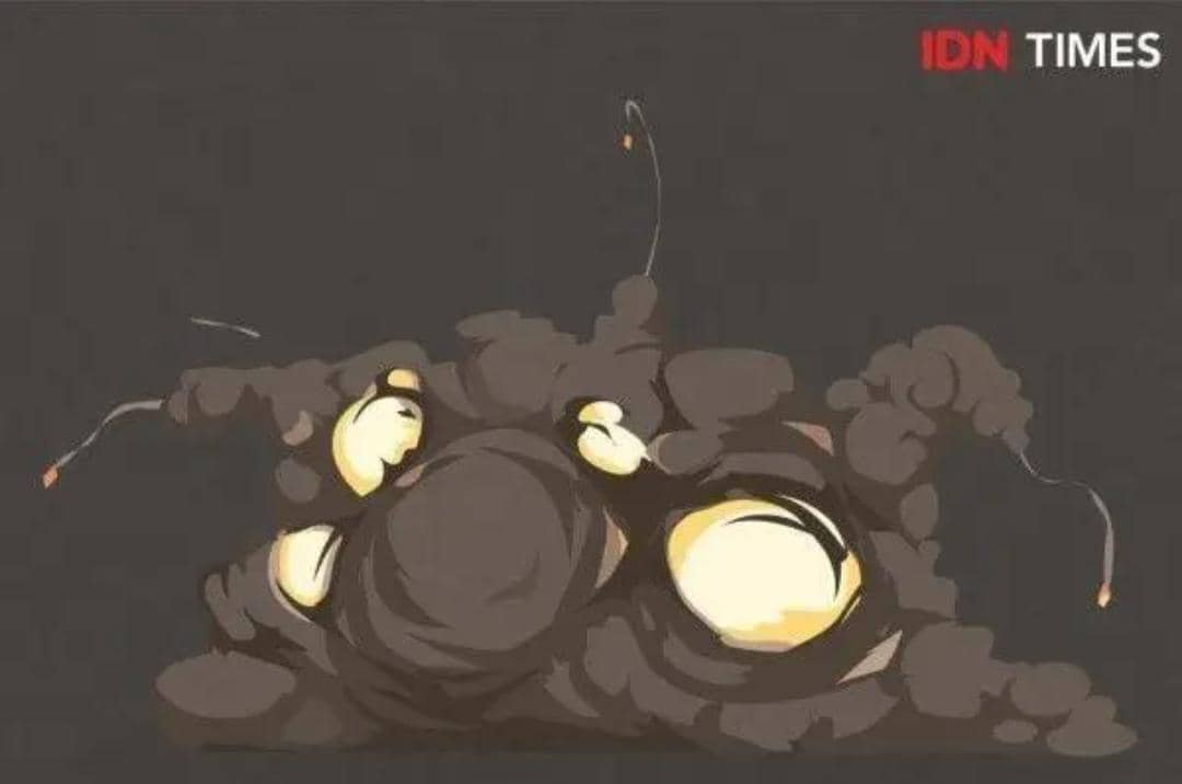 Ilustrasi ledakan besar berwarna oranye dan kuning dengan serpihan api menyebar di latar gelap yang dramatis.