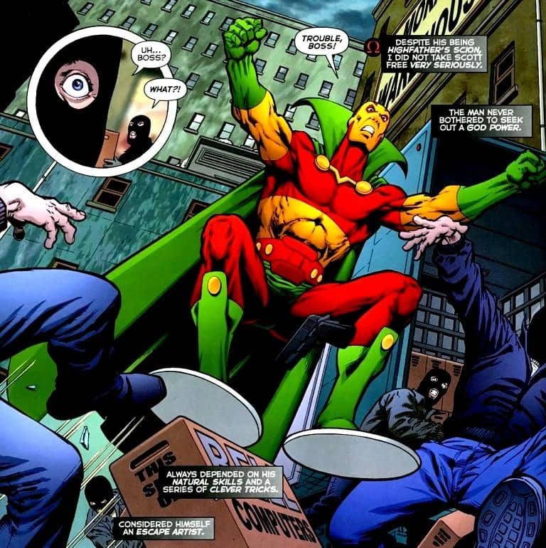 Ilustrasi karakter Mister Miracle dari DC Comics dalam kostum pahlawan super khasnya dengan helm berwarna emas.