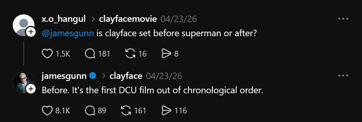 Tangkapan layar pernyataan James Gunn yang diunggah melalui akun Threads pribadinya dalam sebuah postingan.