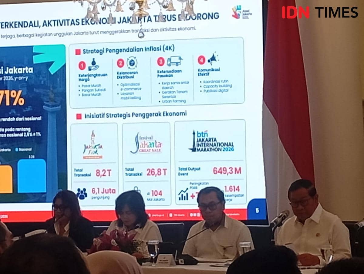Gubernur DKI Jakarta Pramono Anung dalam konferensi pers Jakarta Budget Talk di Balaikota, Rabu (21/10/2026).