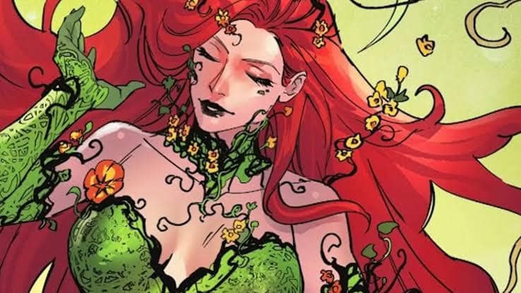 Ilustrasi karakter Poison Ivy dari DC Comics, perempuan berambut merah dengan kostum hijau bertema tumbuhan.