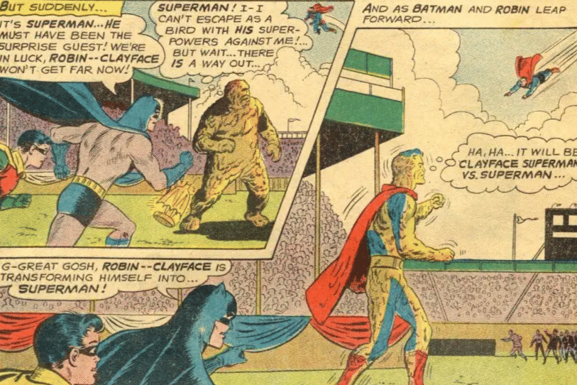 Superman melawan Clayface yang meniru dirinya