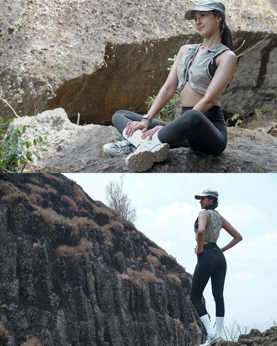 Anya Geraldine hiking di Gunung Berapi Kuno Nglanggeran