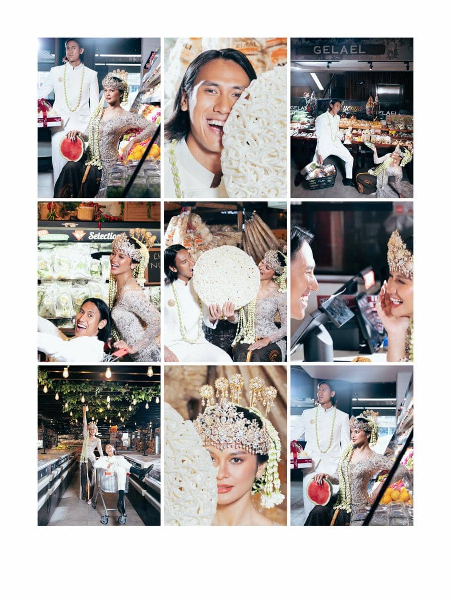Hana Malasan dan Sean Gelael berpose dalam sesi foto prapernikahan di sebuah swalayan.